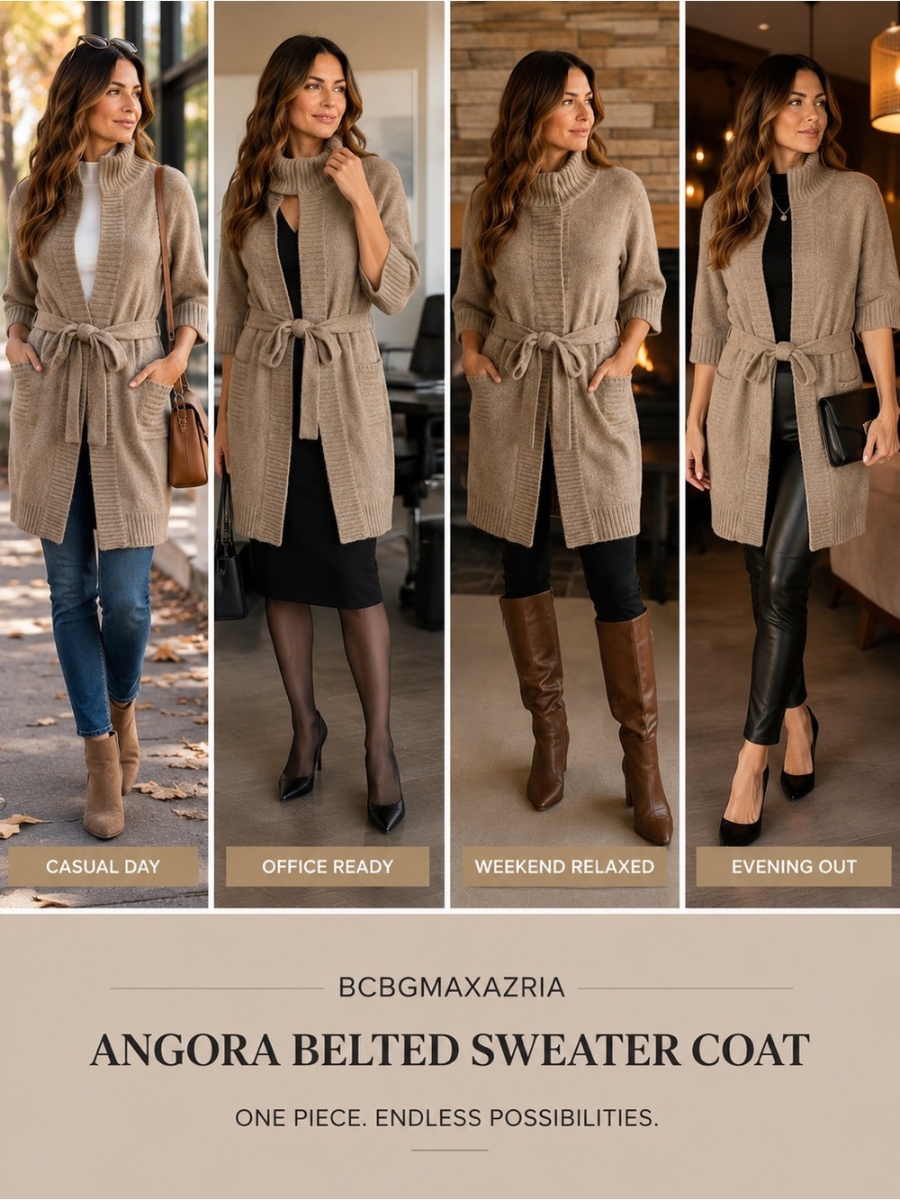 BCBGMAXAZRIA Angora Blend Belted Sweater Coat Cardigan Beige Tan High Neck Size - Picture 2 of 15